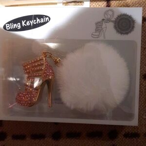 SEXY ROSE GOLD STILETTO HIGH HEEL FUR BALL RHINESTONES KEYFOB KEYCHAIN